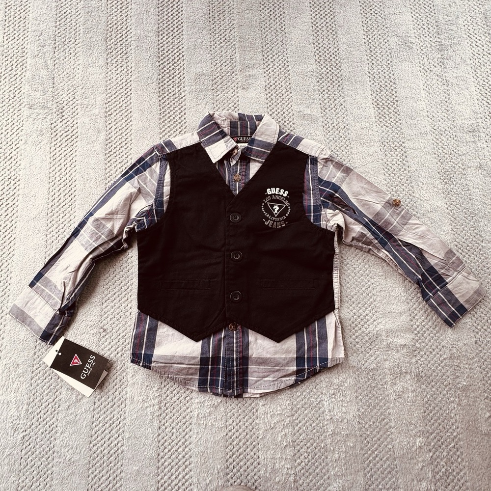 GUESS Size 3T - Blue Black Plaid Button Up Shirt Attached Vest Toddler Outfit